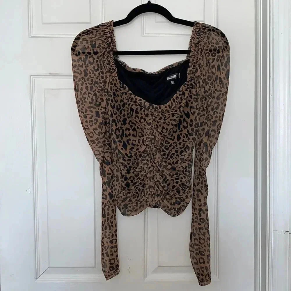 Missguided Leopard Ruched Mesh Top Black Brown Size 4 - Picture 3 of 7